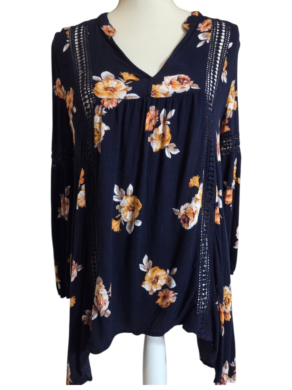 Navy Floral V-Neck Blouse with Crochet Insets